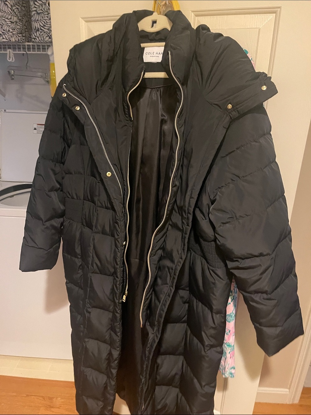 Cole Haan Black Long Quilted Puffer Coat with Hood and inner zipper